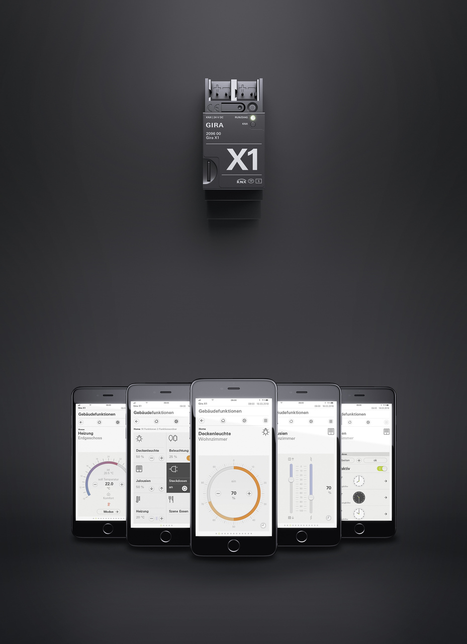 Gira X1 mit beispielhaften Ansichten der Gira Smart Home App