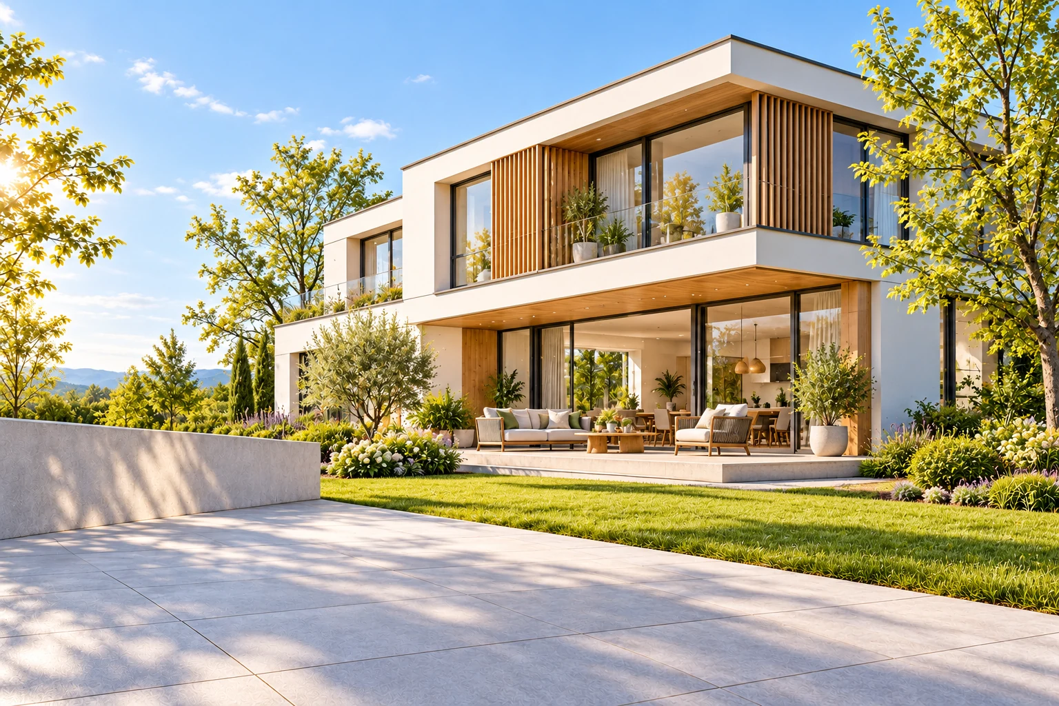 Illustrative Darstellung eines freundlichen modernen Privathauses mit Garten und Terrasse