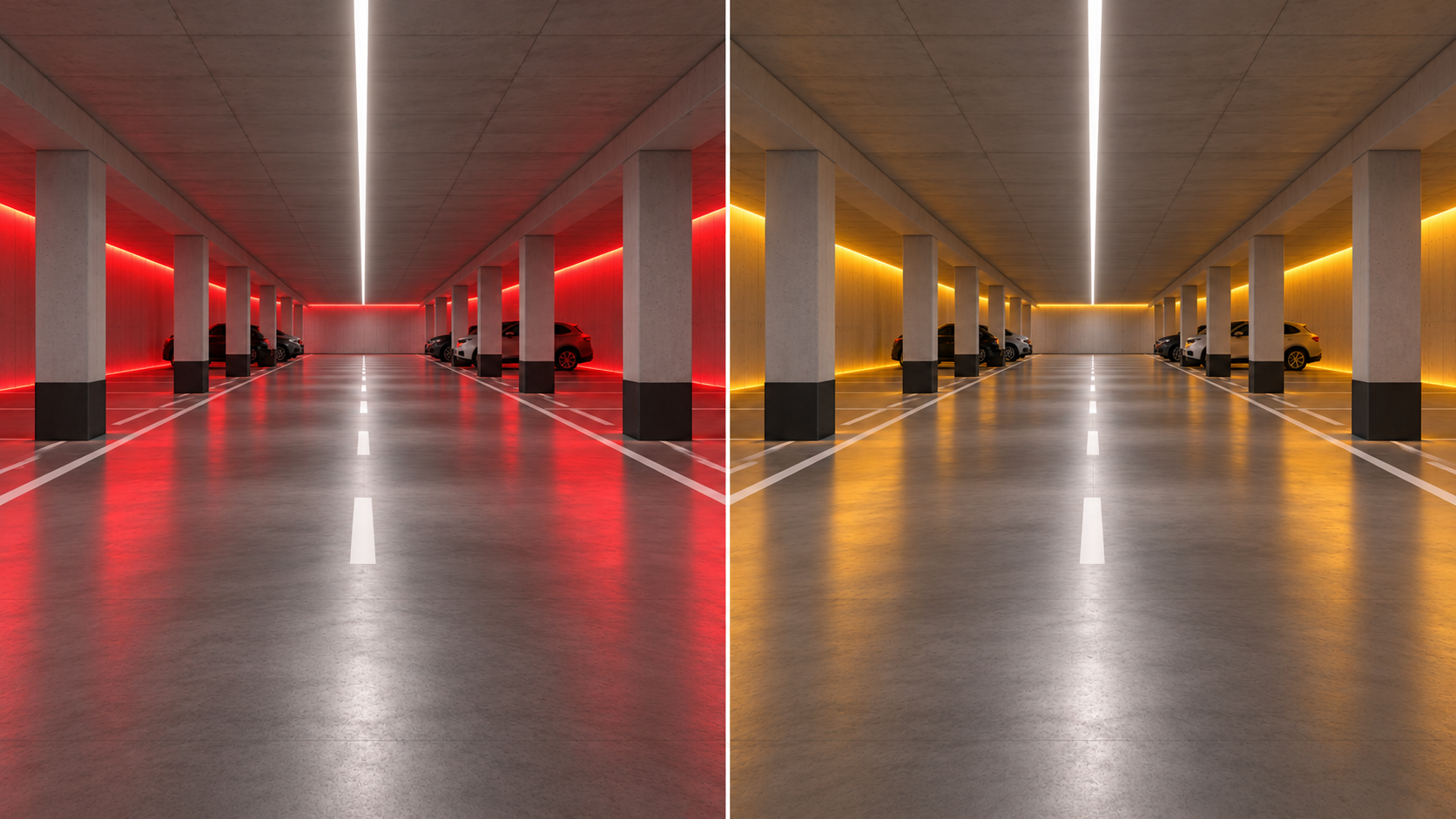 Schematischer Vergleich roter und gelber Lichtstimmungen durch außen umlaufende LED-Bänder in einer Tiefgarage
